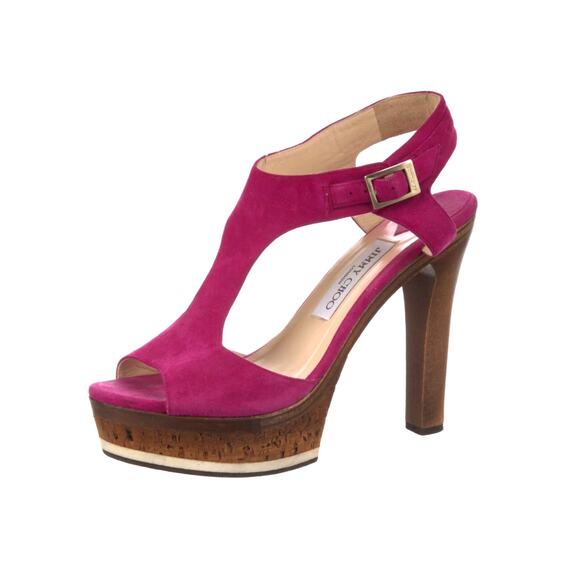 Jimmy Choo 8 Hot Pink Nixon Suede Platform Heels Peep Toe Luxury Sandals Purple - Picture 2 of 4